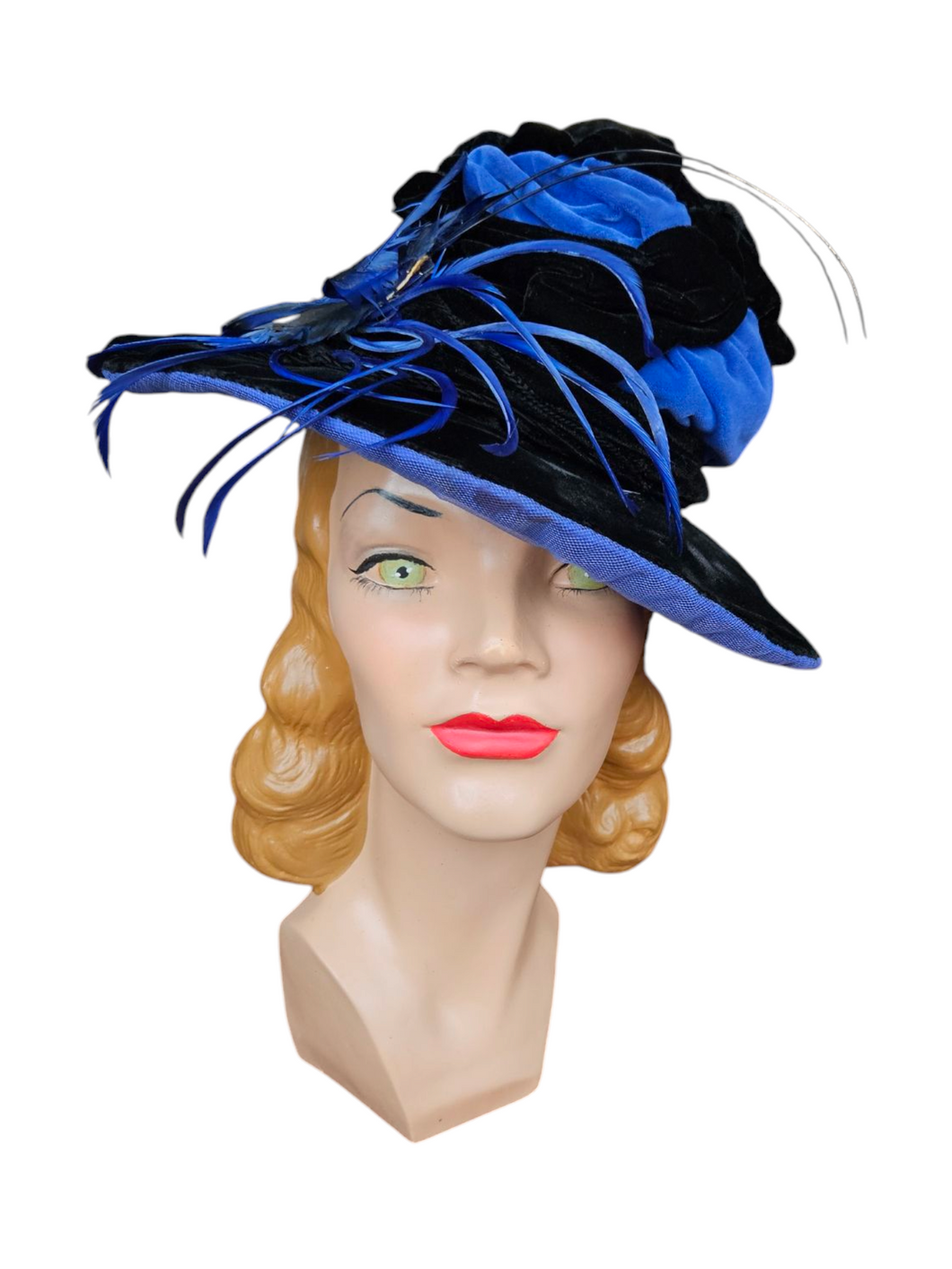 1940s Black Velvet and Colbalt Blue Feather Hat