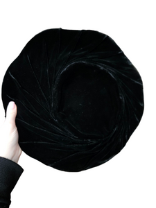 Late 1940s Black Velvet Scalloped Halo Hat