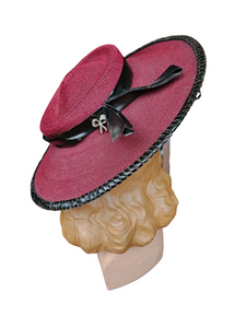 1940s Dark Red and Black Raffia/Straw Tilt Hat