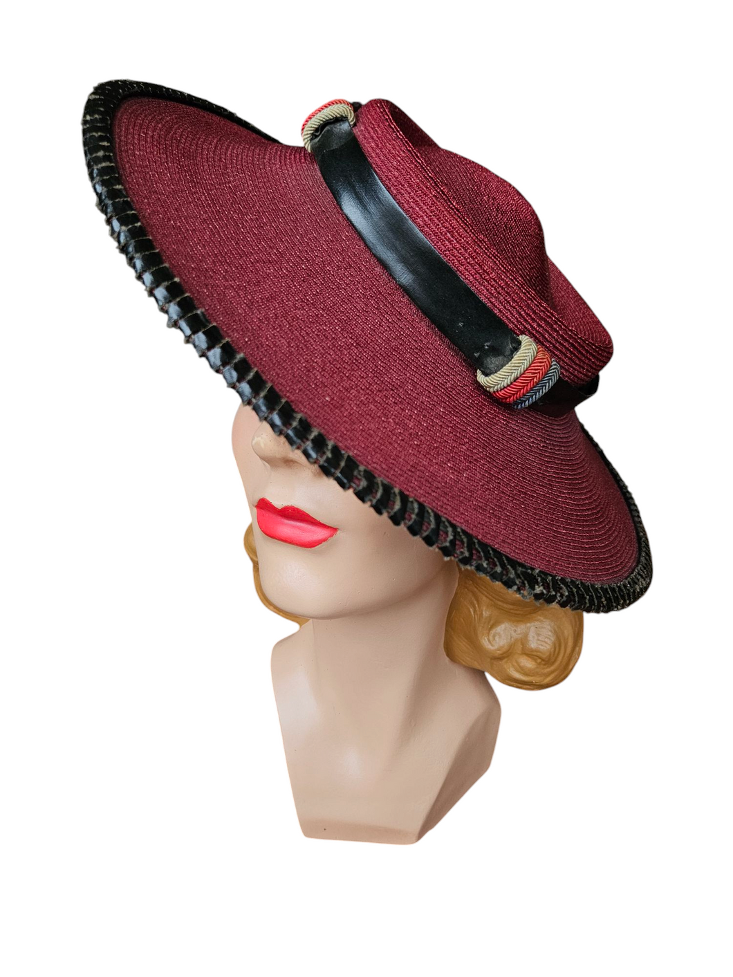 1940s Dark Red and Black Raffia/Straw Tilt Hat