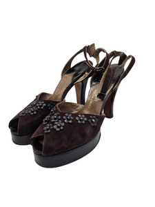 1940s Brown Suede and Leather Flower Platform Shoes