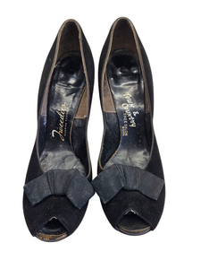 1950s Black Fabric Bow Peep Toe Shoes